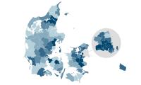 Danmarkskort, der viser forskelle i grundskyldsstigninger